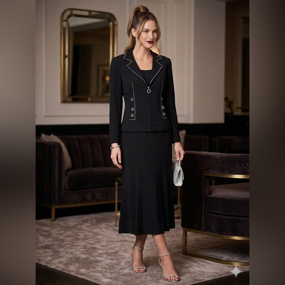Anna Rossi black knit wool skirt suite set formal church wedding elegant size 16